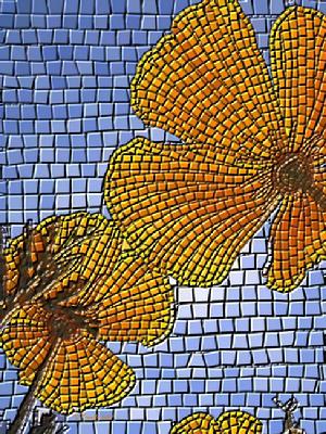 Giclee print, faux mosaic "California Poppy", gold yellow and blue,  art prints by Kinnally