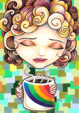 giclee prints, art prints, illustration, woman with coffee cup; Abigail April by Bryan Collins