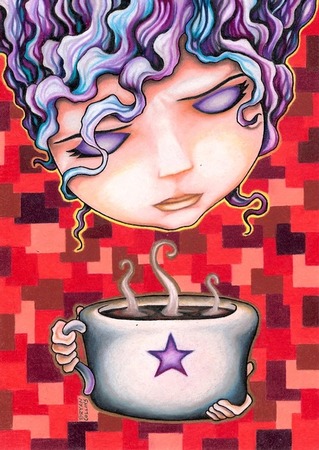 giclee prints, art prints, illustration, woman with cup of coffee; Melody March by Bryan Collins