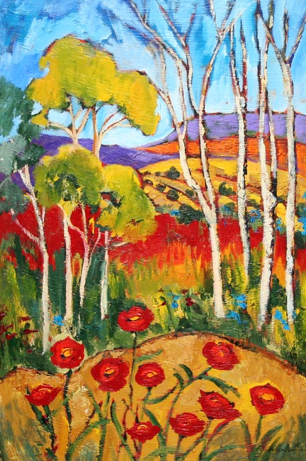 giclee prints, art prints, Hillside Poppies by Elaine Lanoue, a landscape with hills, trees and poppy flowers