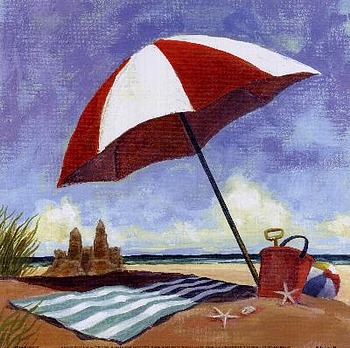 art prints, posters, beach scene with umbrella, blanket & sand castle; Sand Castle by Geoff Allen