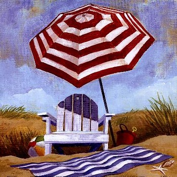 art prints, posters, beach scene with umbrella, blanket & chair; Stripes by Geoff Allen