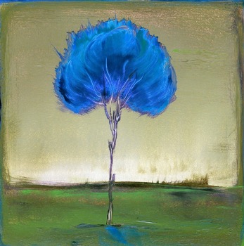 Singular Beauty : Green Glow - Tree Landscape by artist Kristen Stein. Giclee prints, art prints, a landscape, an abstract blue tree; from an original oil painting