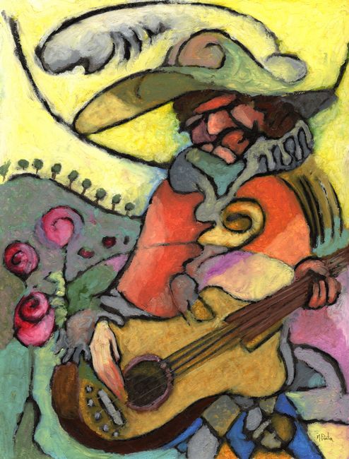 Giclee prints, artprints of man playing guitar The Travelling Guitarist by Mark Preston