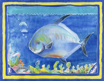 Permit or The fish that got away by artist Savanna Redman. Giclee prints, art prints, animal art, fish art, a colorful permit fish; from an original Serti technique on silk; silk painting