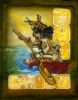 Jaguar Paddler God by artist Savanna Redman. Giclee prints, art prints, an illustration, a native with jaguar headdress paddling a canoe; from an original Serti technique on silk; silk painting