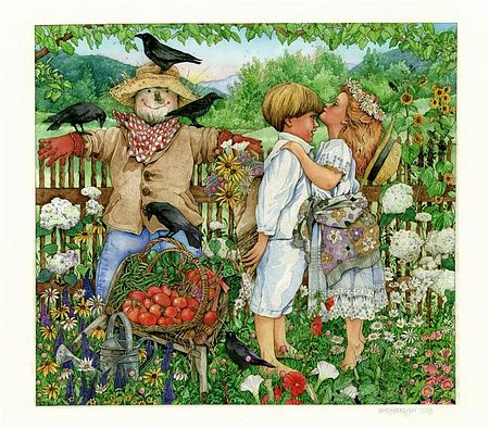 Two children kissing, giclee prints, art prints, Summer Kiss by Wendy Edelson