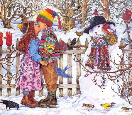 Two children kissing, giclee prints, art prints, Winter Kiss by Wendy Edelson